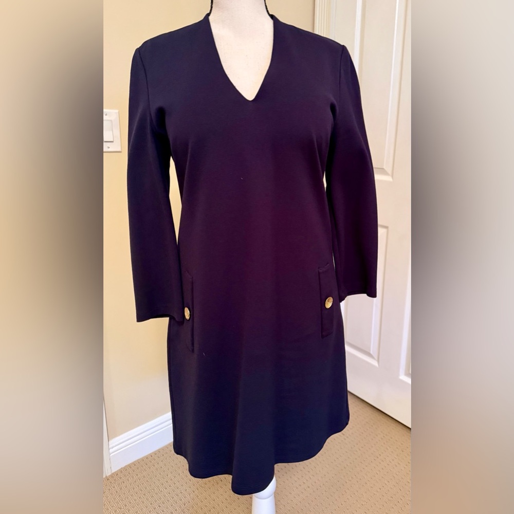 NWOT Eliza J Plum Long Sleeve Shift Dress with Gold Buttons, fully lined, Sz 6